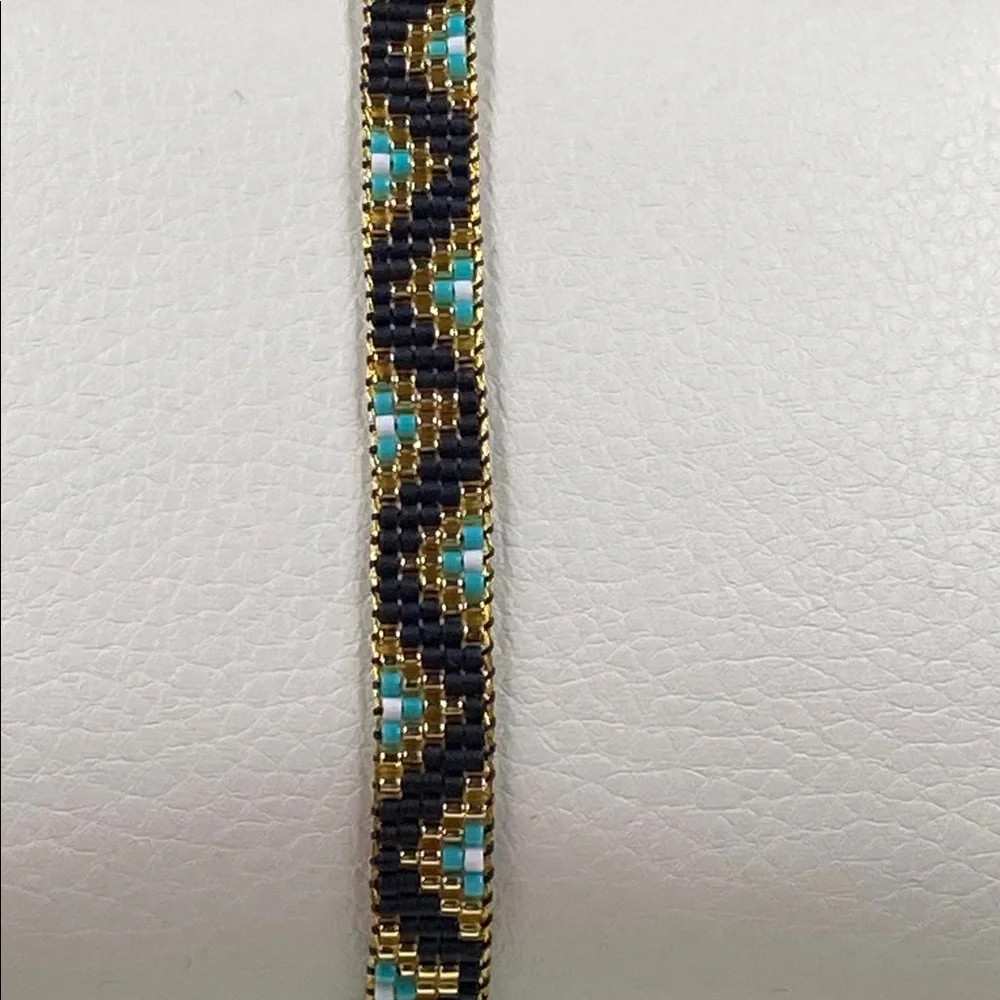 Cute Handcrafted Loom-Beaded Bracelet  with Turquoise ,Black and Gold Beads - Picture 10 of 12